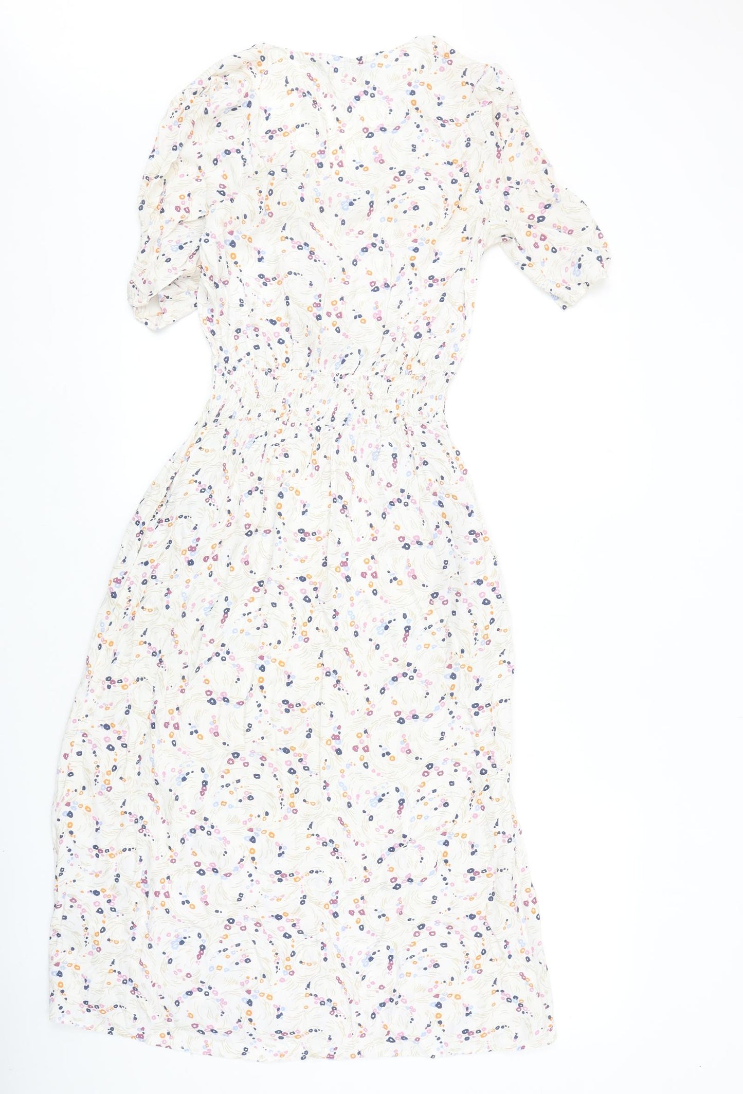 Marks and Spencer Womens Ivory Geometric Viscose Fit & Flare Size 8 V-Neck Button
