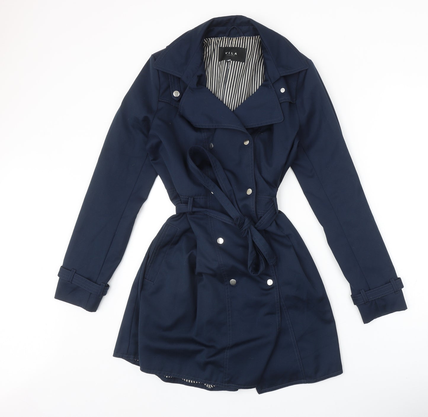 Villa Womens Blue Geometric Trench Coat Coat Size M Snap