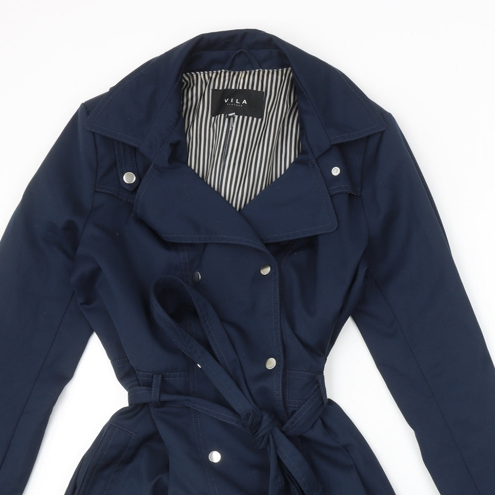 Villa Womens Blue Geometric Trench Coat Coat Size M Snap
