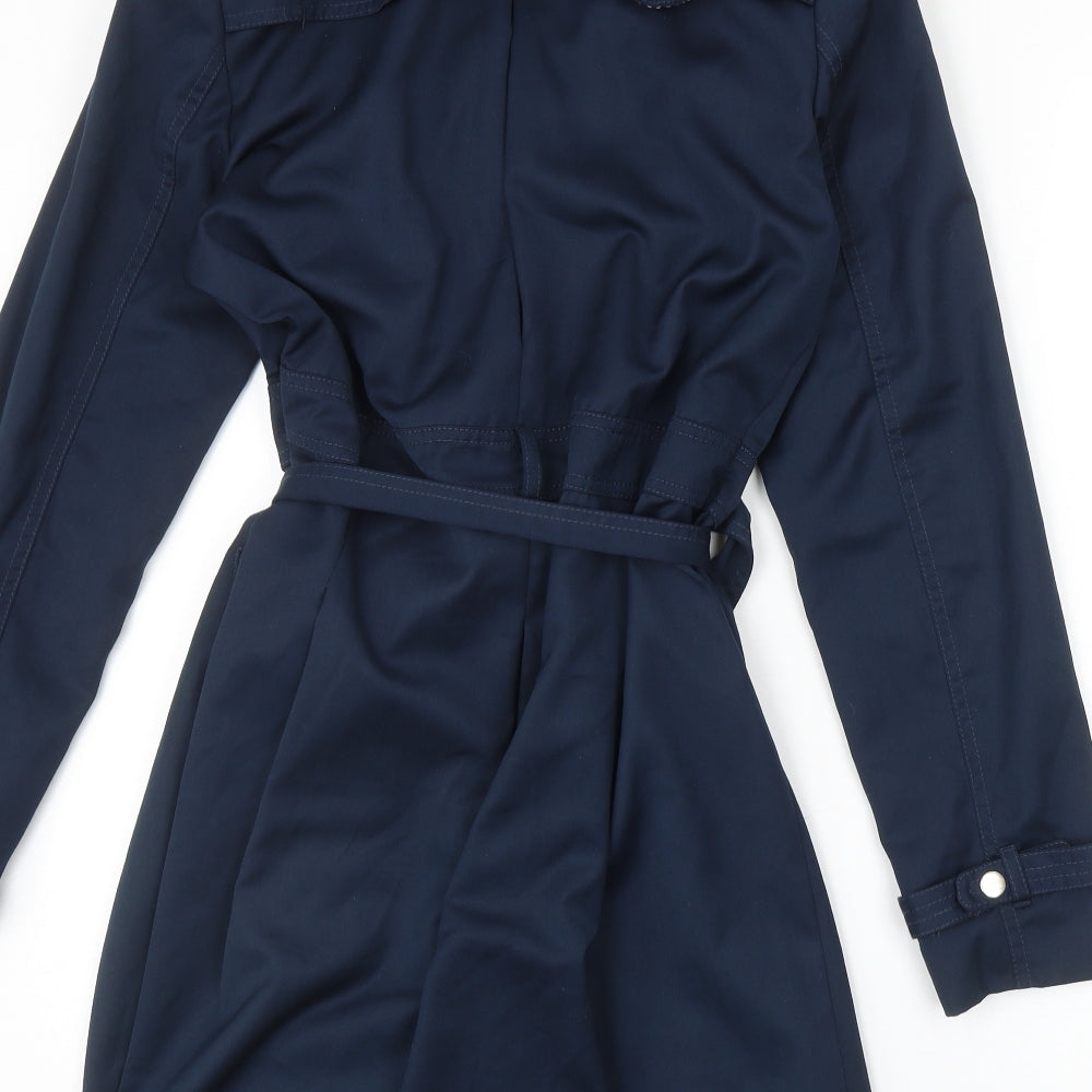 Villa Womens Blue Geometric Trench Coat Coat Size M Snap