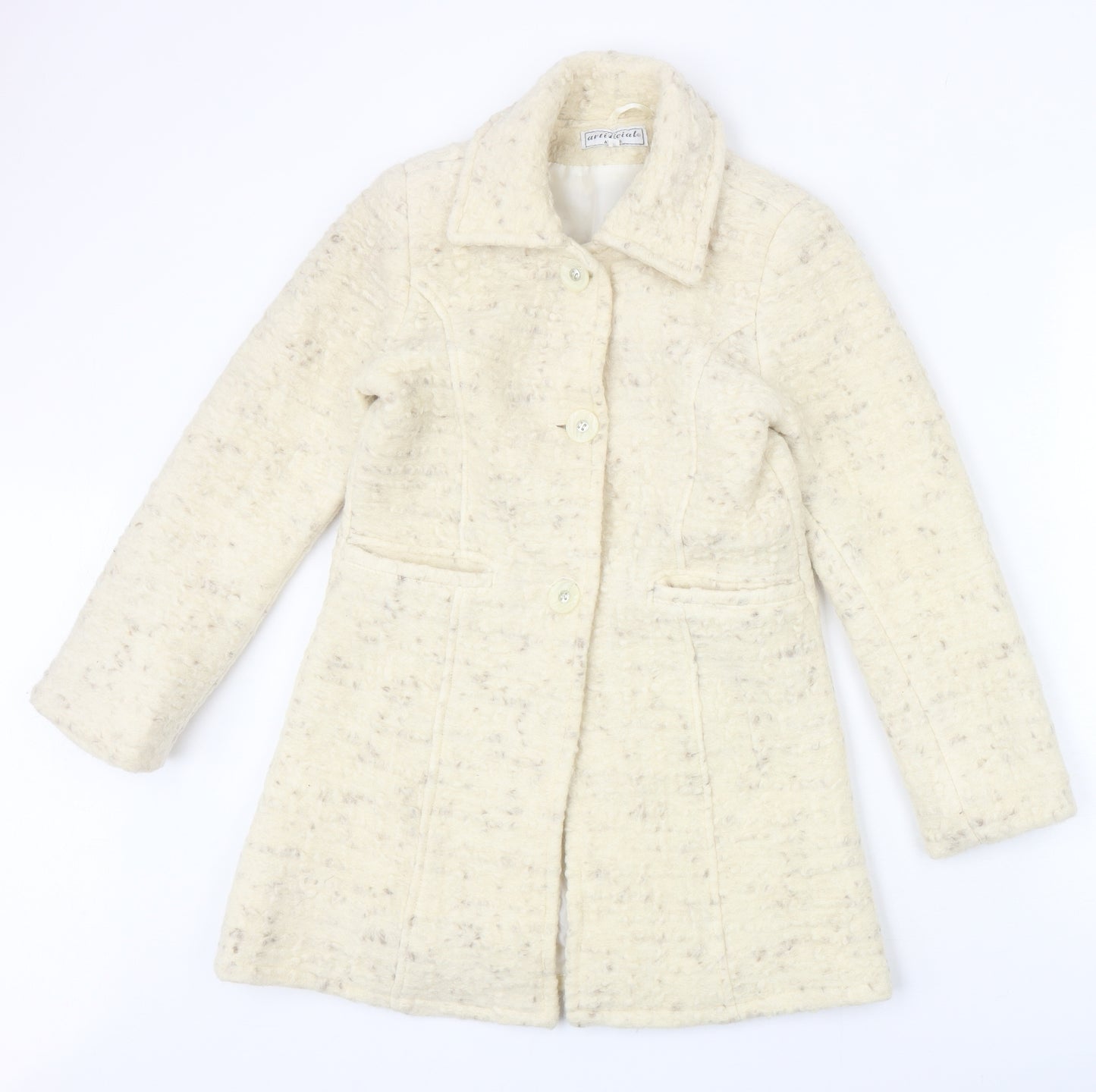 Artifical Womens Ivory Geometric Overcoat Coat Size 8 Button