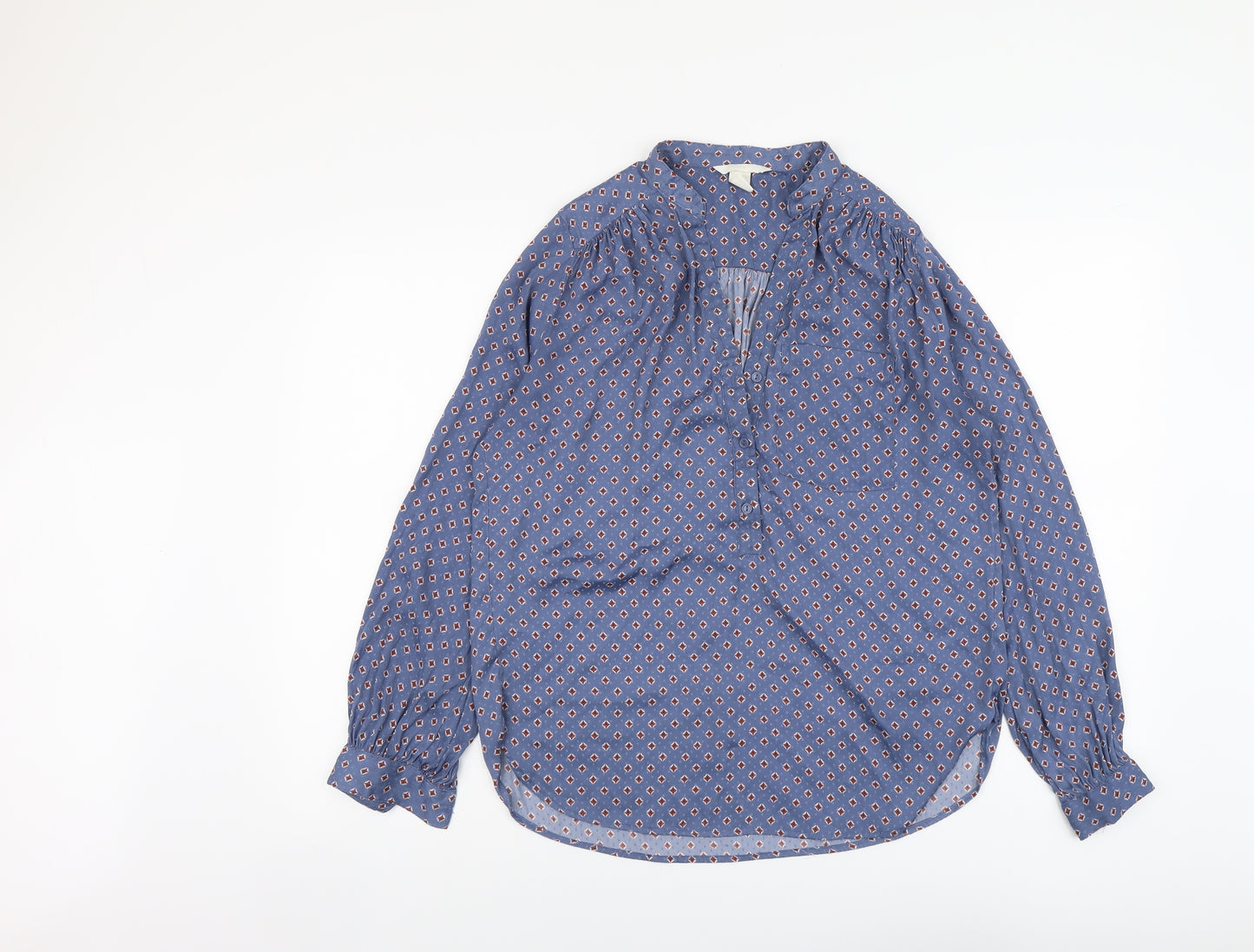 H&M Womens Blue Geometric Polyester Basic Blouse Size 8 V-Neck