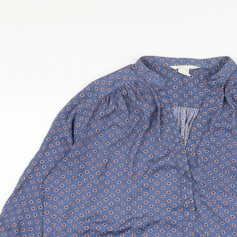 H&M Womens Blue Geometric Polyester Basic Blouse Size 8 V-Neck