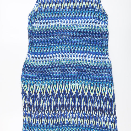 M&Co Womens Blue Geometric Viscose A-Line Size 12 Round Neck Button