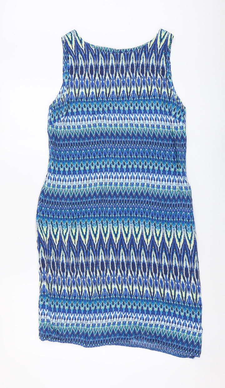 M&Co Womens Blue Geometric Viscose A-Line Size 12 Round Neck Button
