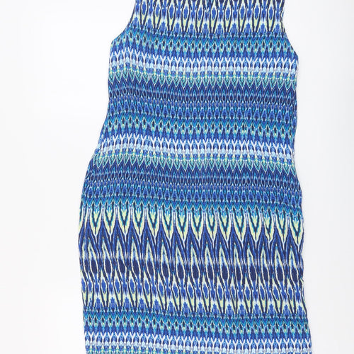 M&Co Womens Blue Geometric Viscose A-Line Size 12 Round Neck Button