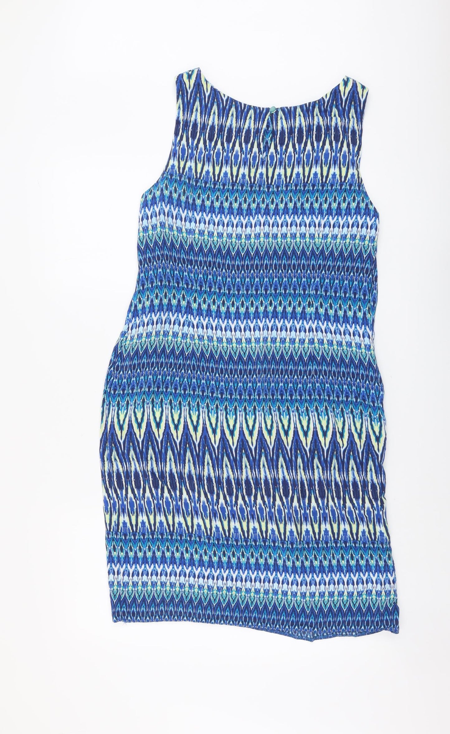 M&Co Womens Blue Geometric Viscose A-Line Size 12 Round Neck Button