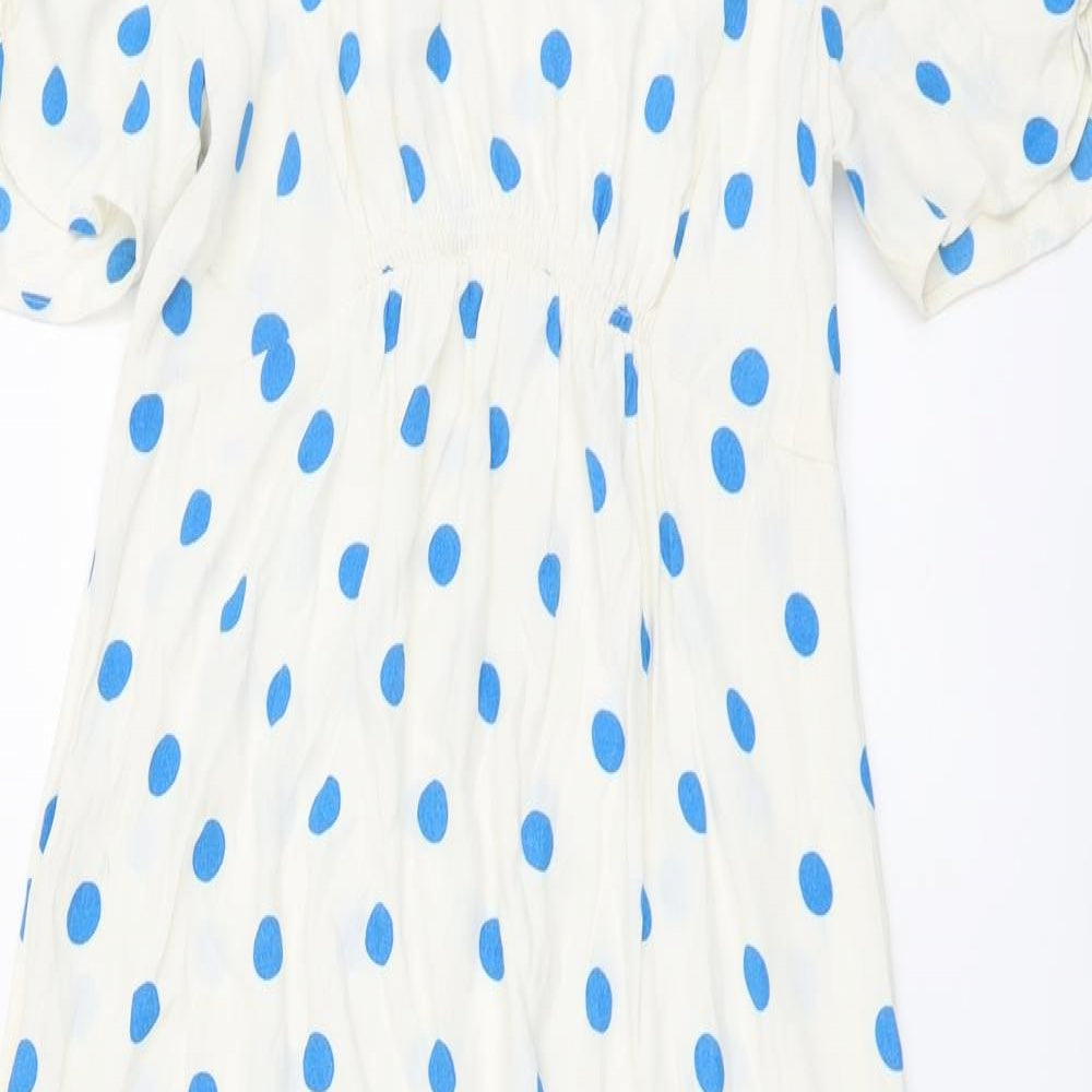 Marks and Spencer Womens Ivory Polka Dot Viscose Fit & Flare Size 12 Round Neck Zip
