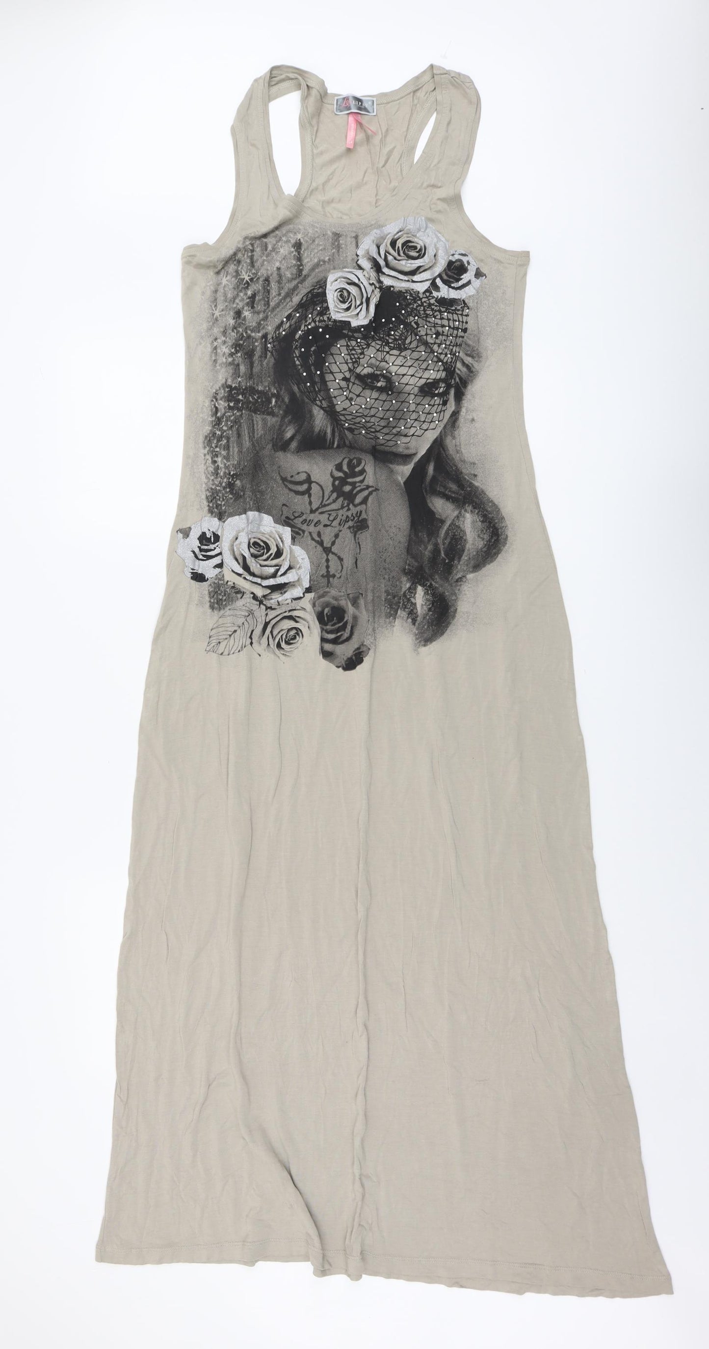 Lipsy Womens Beige Viscose Maxi Size 14 Scoop Neck Pullover - Graphic print
