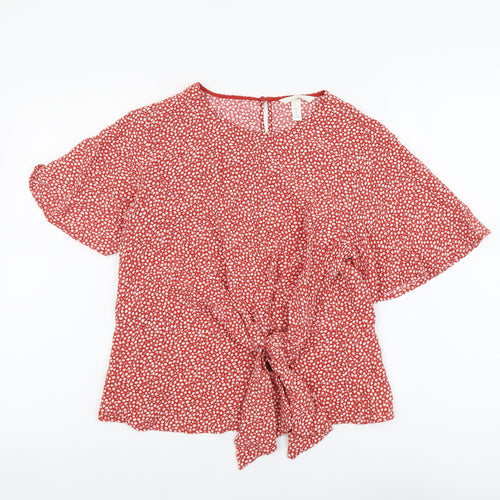 H&M Womens Orange Geometric Viscose Basic Blouse Size 10 Round Neck - Knot Front