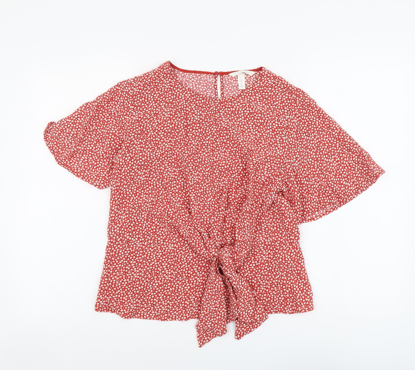 H&M Womens Orange Geometric Viscose Basic Blouse Size 10 Round Neck - Knot Front