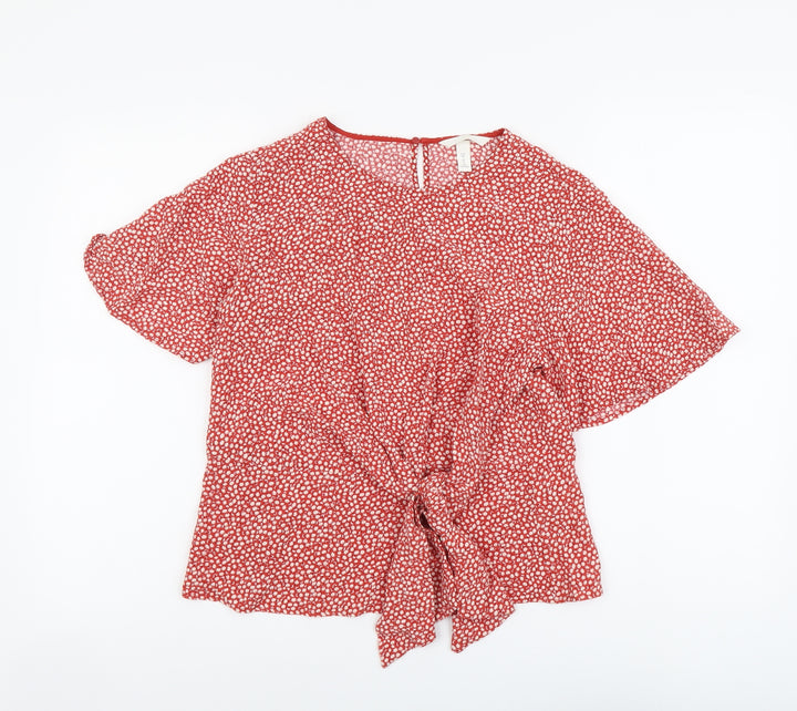 H&M Womens Orange Geometric Viscose Basic Blouse Size 10 Round Neck - Knot Front