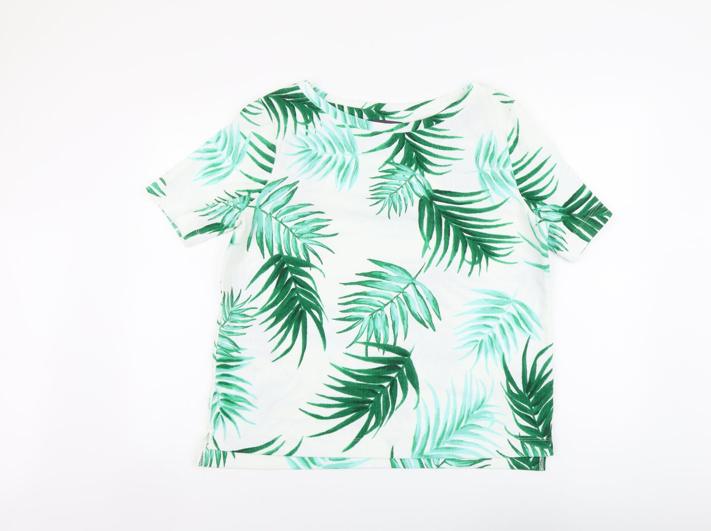 Marks and Spencer Womens Green Geometric Polyester Basic T-Shirt Size 14 Boat Neck - Leaf Print