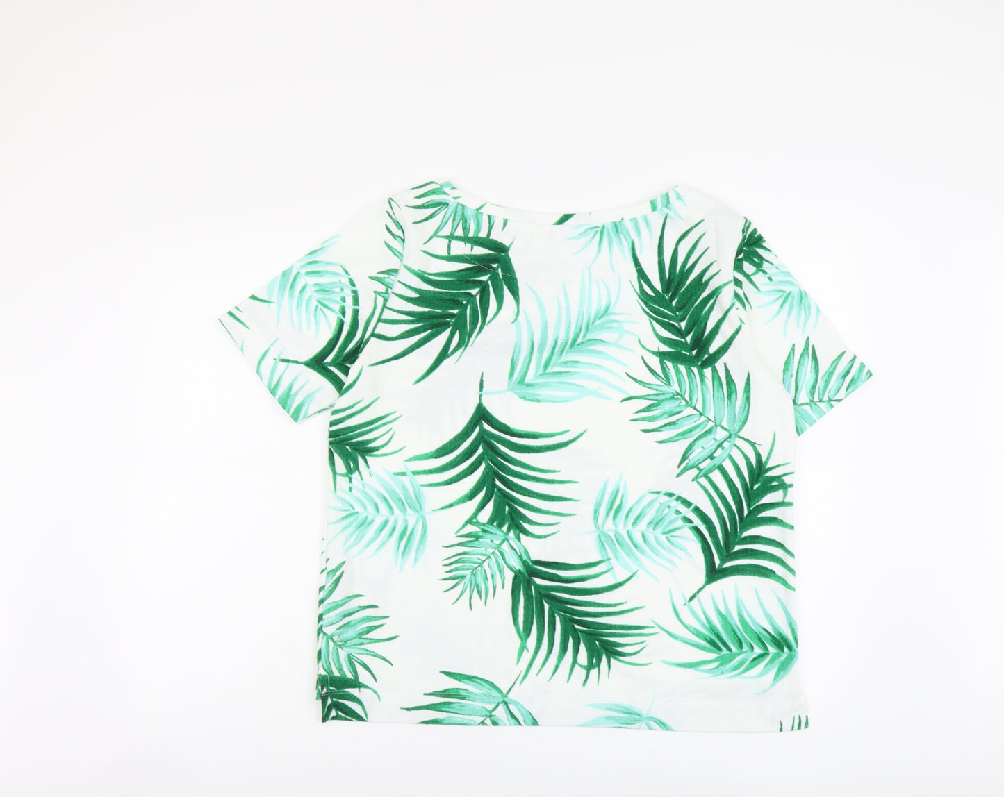 Marks and Spencer Womens Green Geometric Polyester Basic T-Shirt Size 14 Boat Neck - Leaf Print