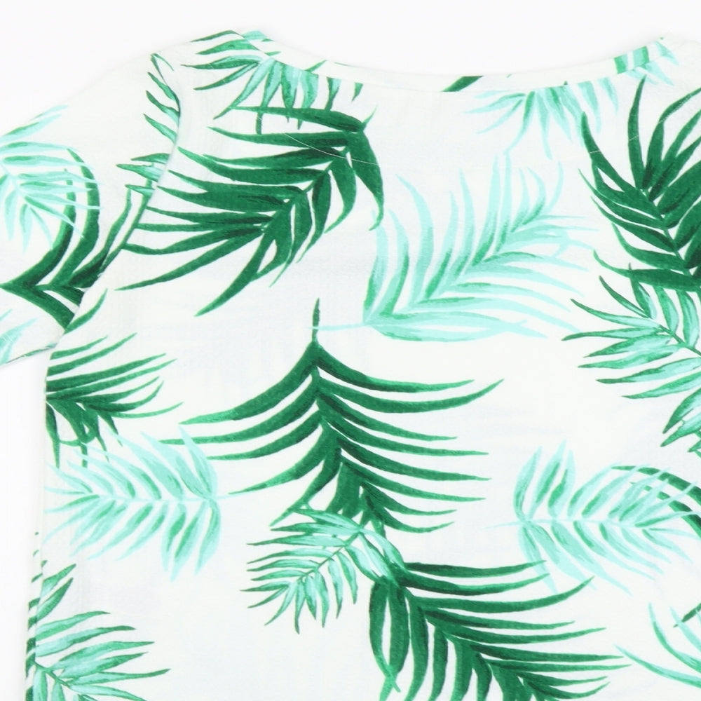 Marks and Spencer Womens Green Geometric Polyester Basic T-Shirt Size 14 Boat Neck - Leaf Print