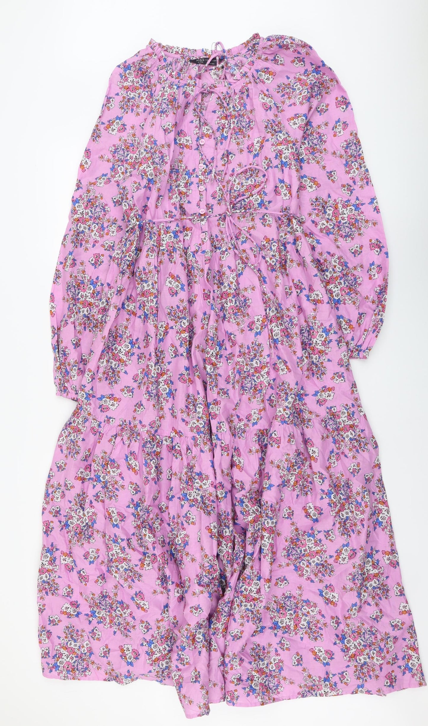 Marks and Spencer Womens Pink Geometric Cotton Maxi Size 12 V-Neck Button