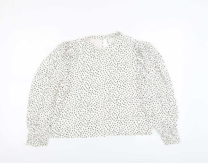 Pull&Bear Womens White Geometric Viscose Basic Blouse Size M Round Neck
