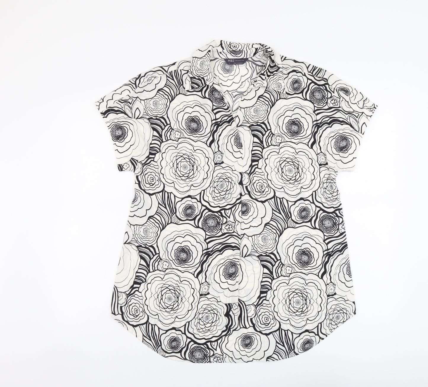 Marks and Spencer Womens Black Floral Polyester Basic Blouse Size 8 Collared
