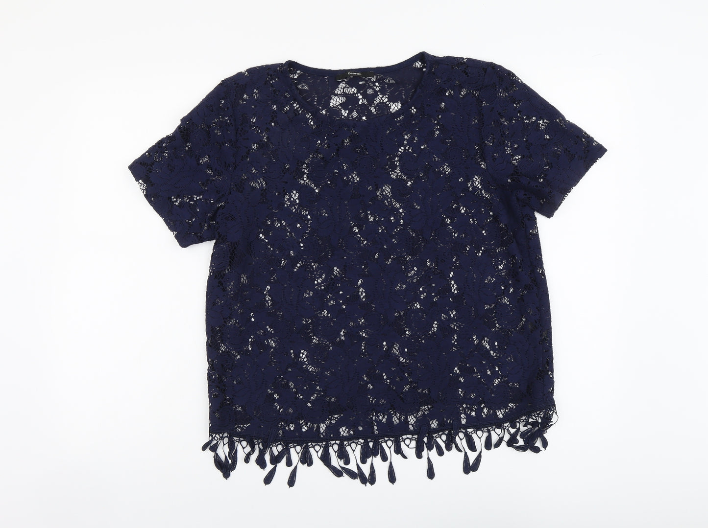 George Womens Blue Floral Polyester Basic T-Shirt Size 14 Round Neck