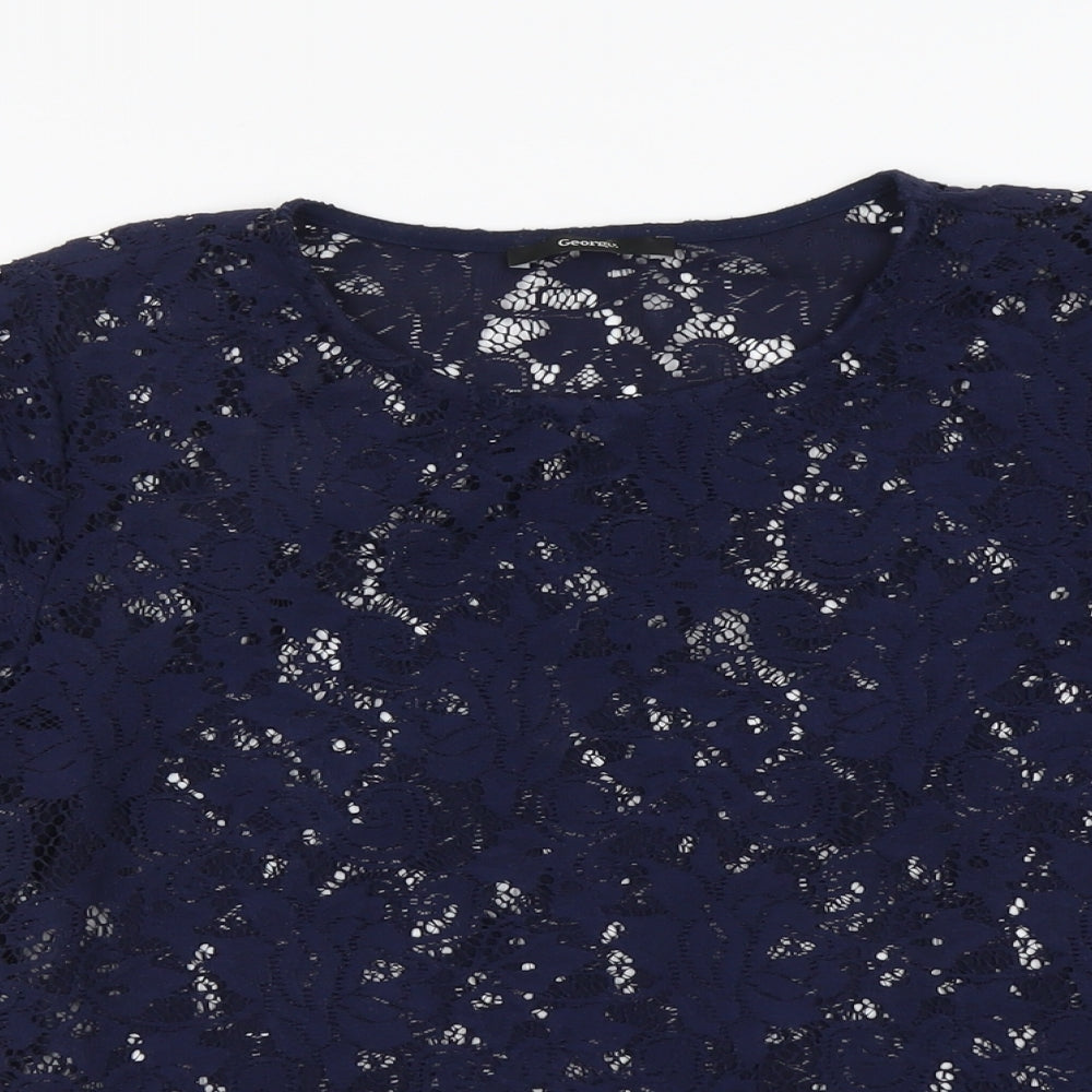 George Womens Blue Floral Polyester Basic T-Shirt Size 14 Round Neck