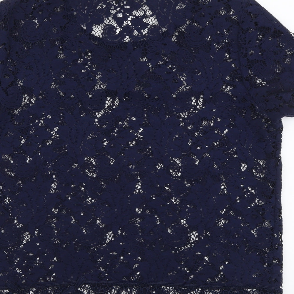 George Womens Blue Floral Polyester Basic T-Shirt Size 14 Round Neck
