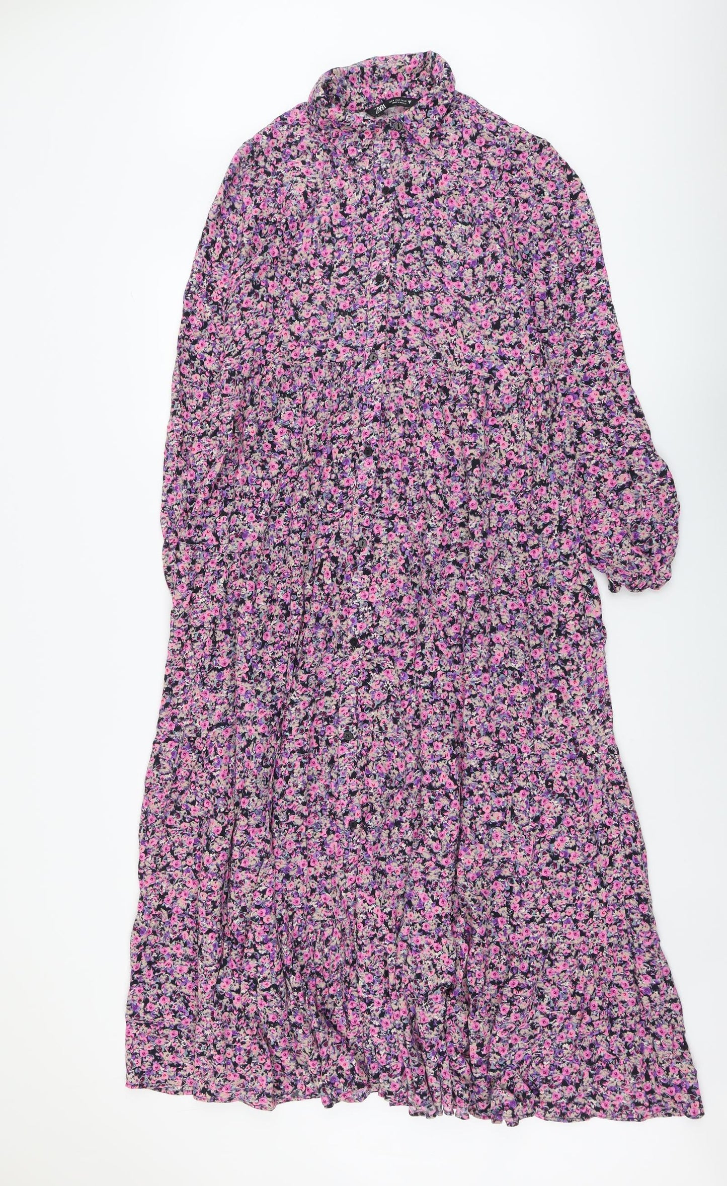 Zara Womens Purple Floral Viscose Trapeze & Swing Size S Collared Button
