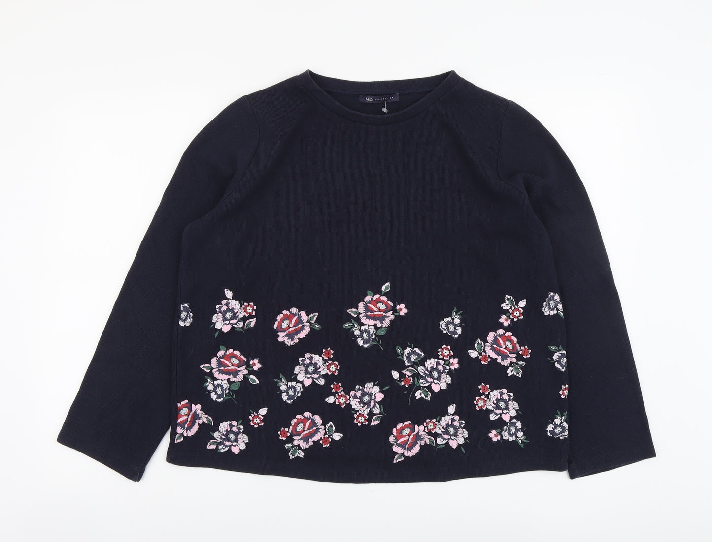 Marks and Spencer Womens Blue Floral Polyester Basic T-Shirt Size 14 Round Neck