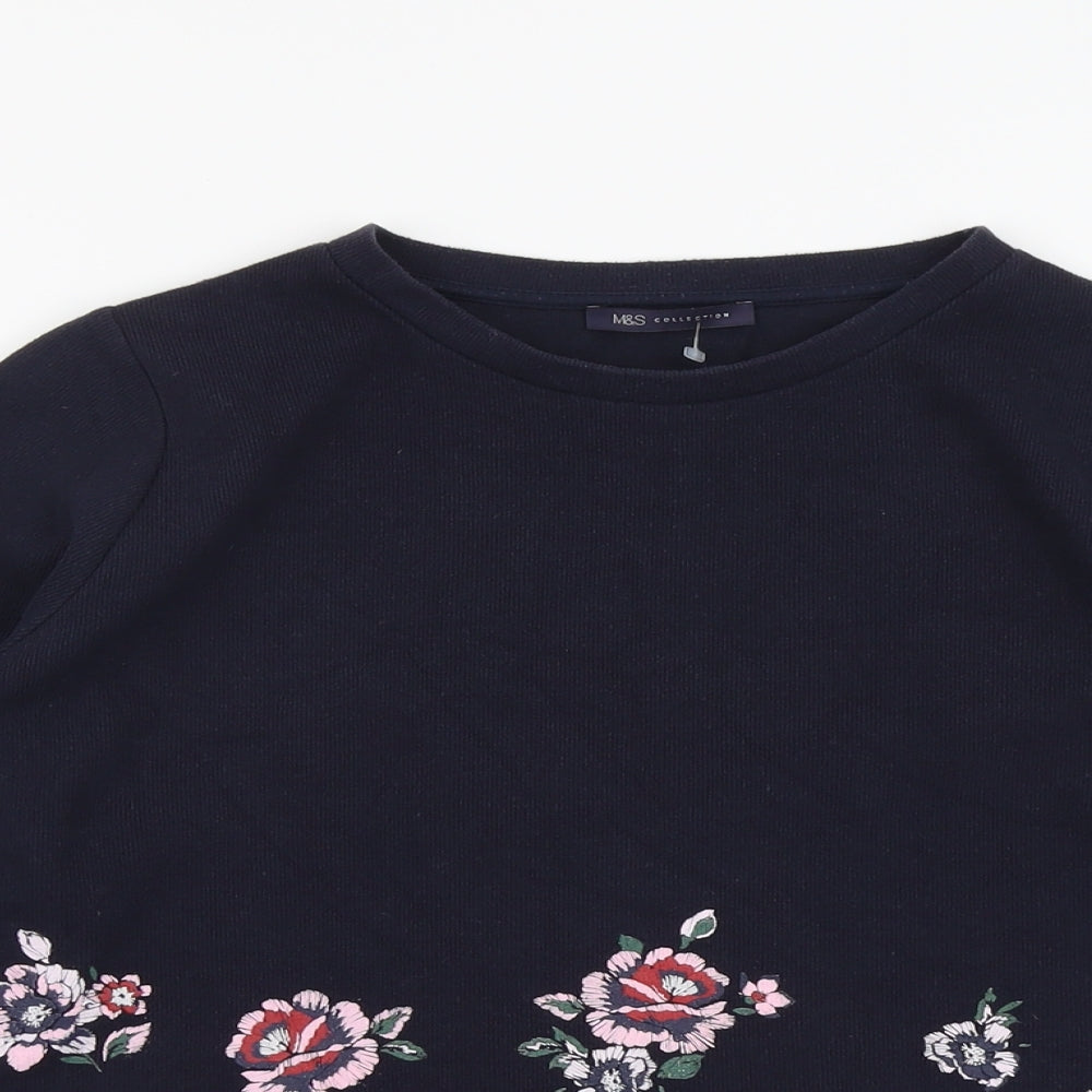 Marks and Spencer Womens Blue Floral Polyester Basic T-Shirt Size 14 Round Neck