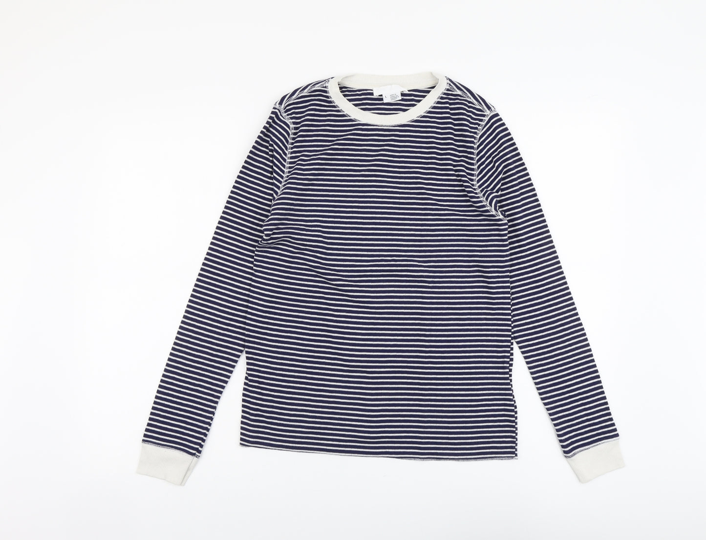 Cooperative Womens Blue Striped Cotton Basic Blouse Size L Round Neck