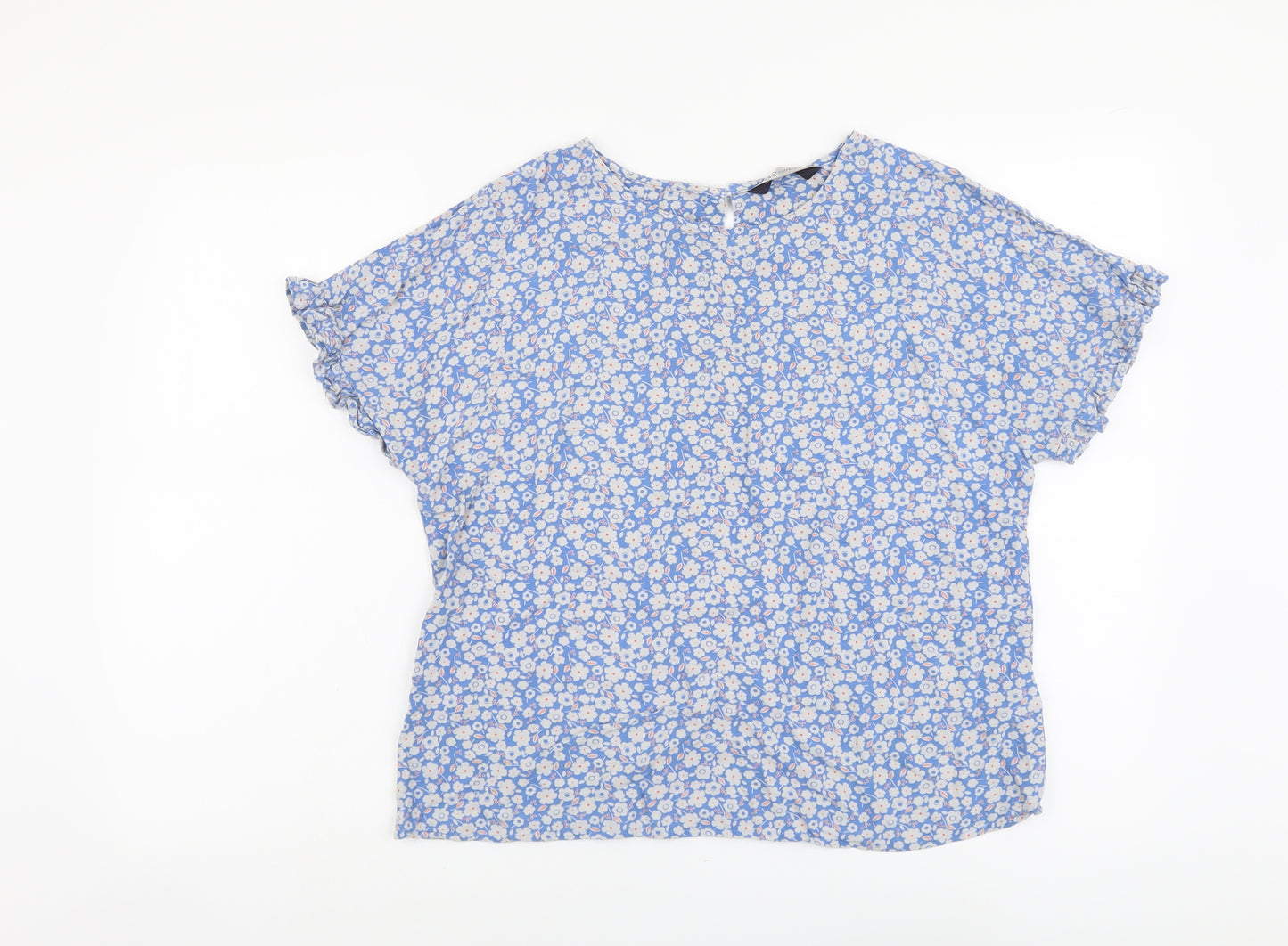Marks and Spencer Womens Blue Floral Viscose Basic Blouse Size 12 Scoop Neck