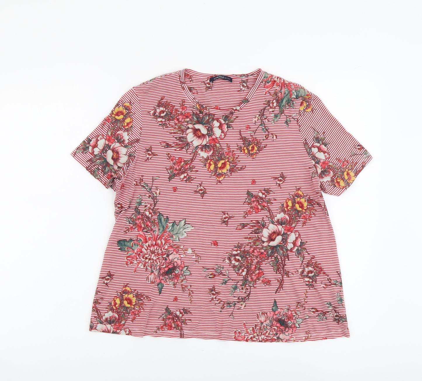 Marks and Spencer Womens Red Floral Cotton Basic T-Shirt Size 12 Scoop Neck
