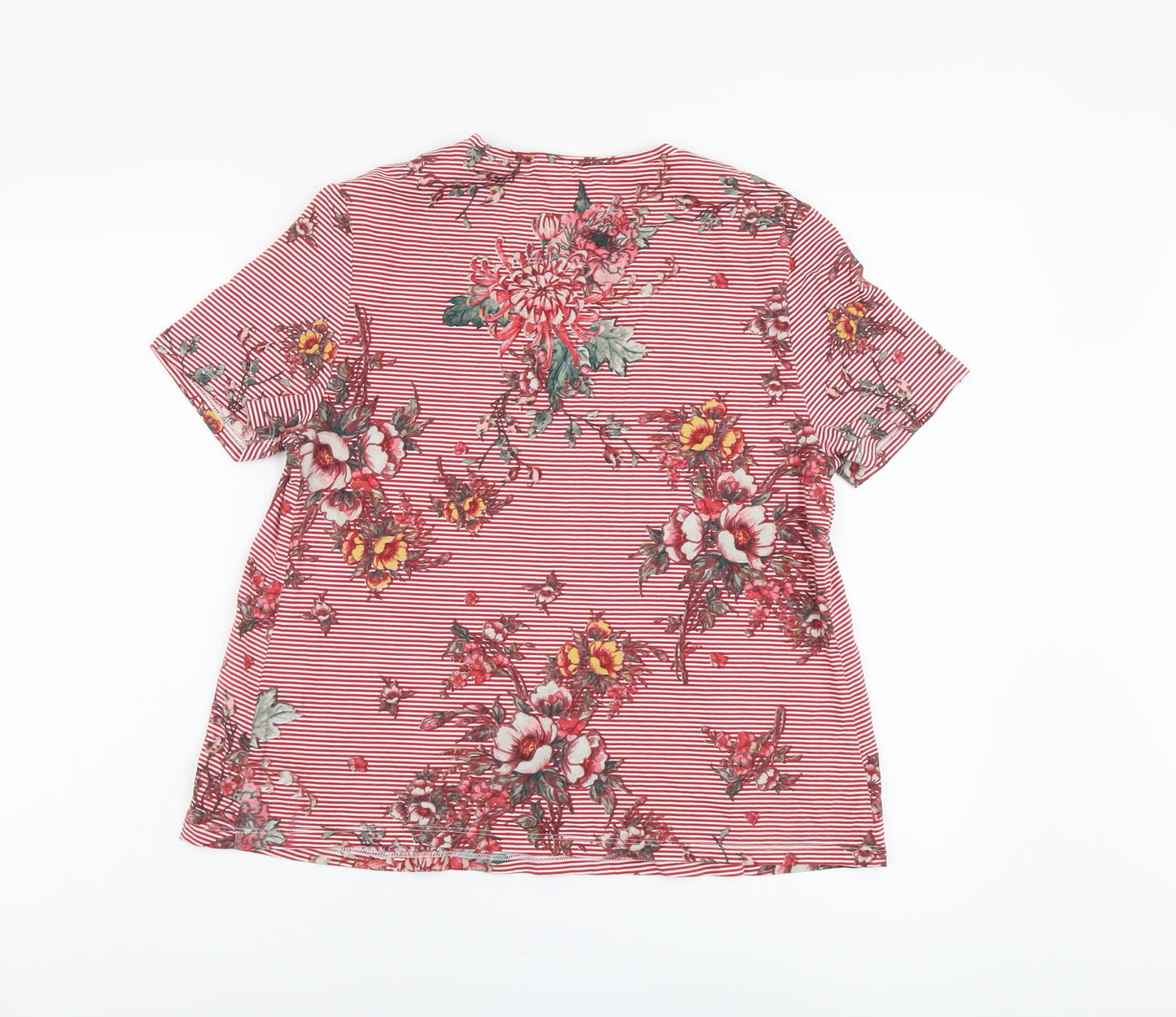 Marks and Spencer Womens Red Floral Cotton Basic T-Shirt Size 12 Scoop Neck