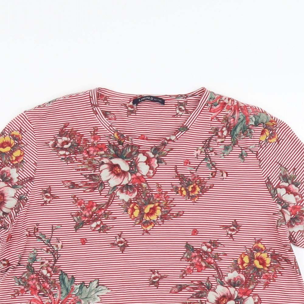 Marks and Spencer Womens Red Floral Cotton Basic T-Shirt Size 12 Scoop Neck