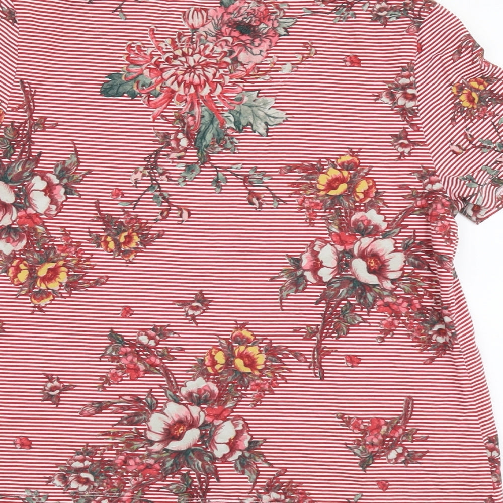 Marks and Spencer Womens Red Floral Cotton Basic T-Shirt Size 12 Scoop Neck