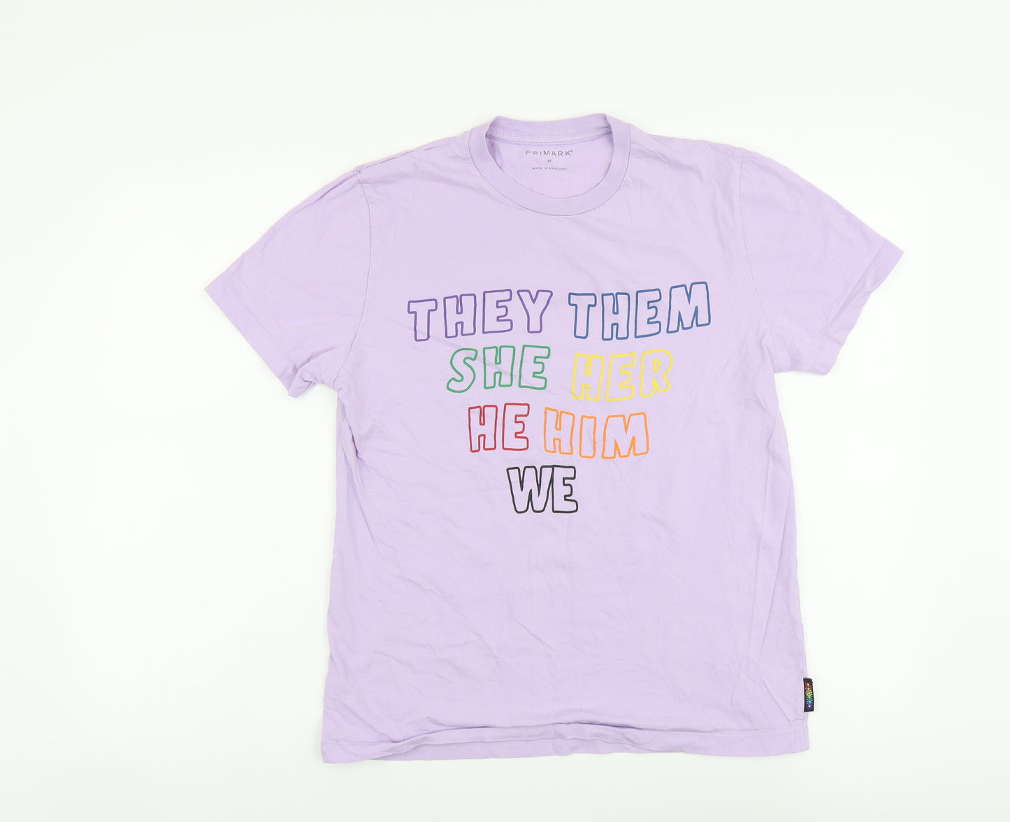 Primark Womens Purple Cotton Basic T-Shirt Size M Round Neck - Pronouns