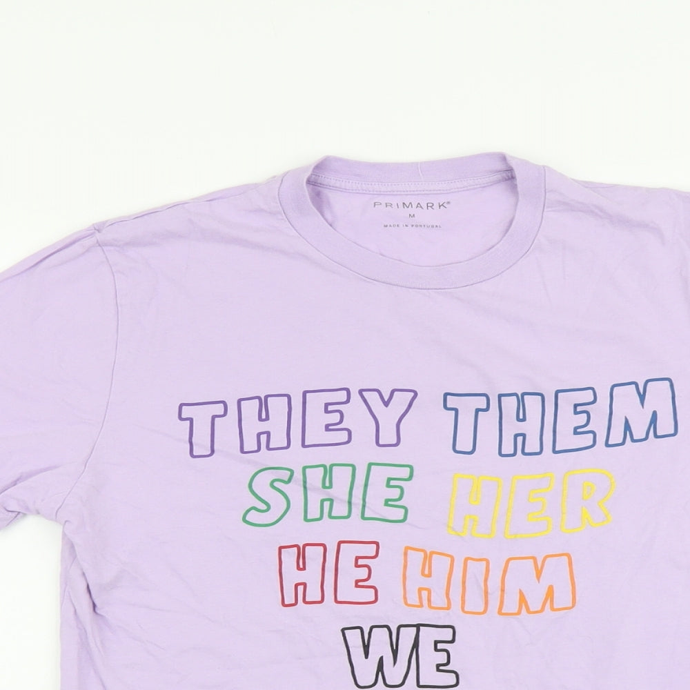 Primark Womens Purple Cotton Basic T-Shirt Size M Round Neck - Pronouns