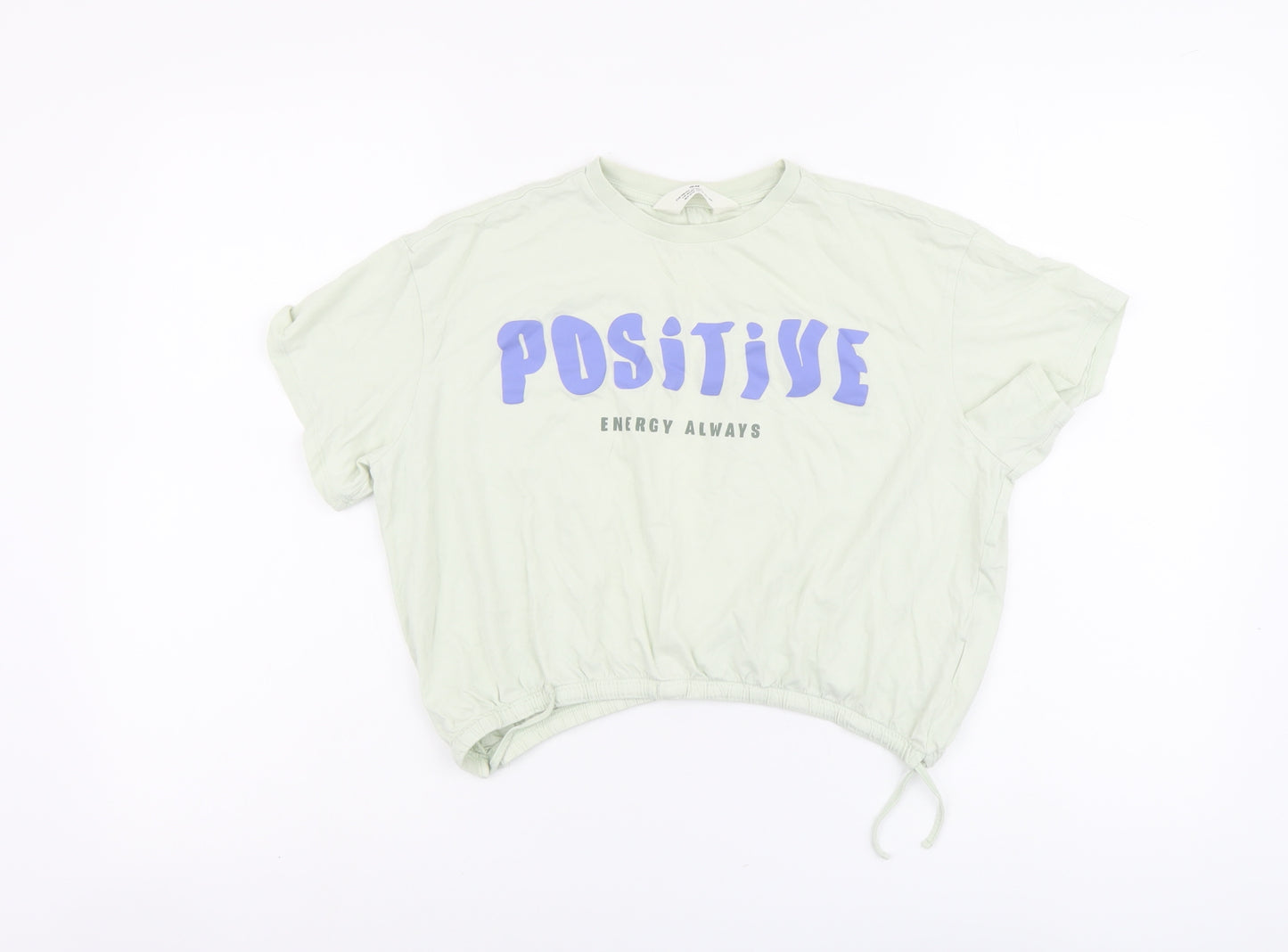 H&M Girls Green Cotton Cropped T-Shirt Size 12-13 Years Round Neck Pullover - Positive