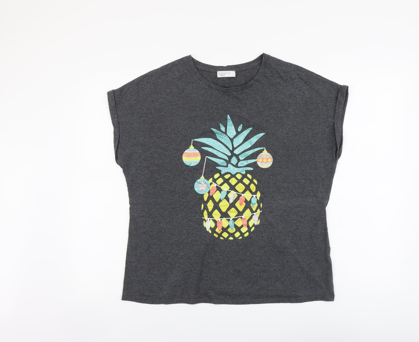 Papaya Womens Grey Cotton Basic T-Shirt Size L Scoop Neck - Christmas Pineapple
