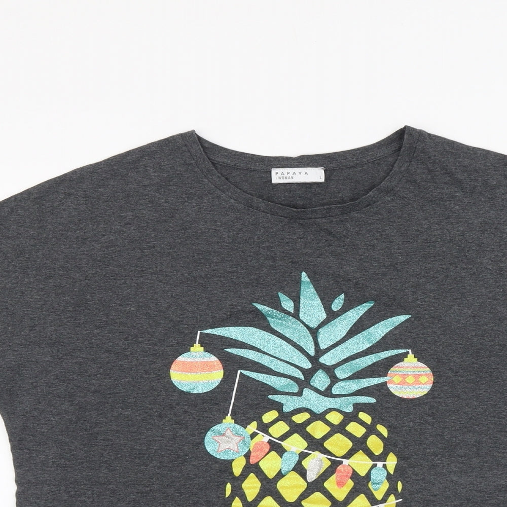 Papaya Womens Grey Cotton Basic T-Shirt Size L Scoop Neck - Christmas Pineapple