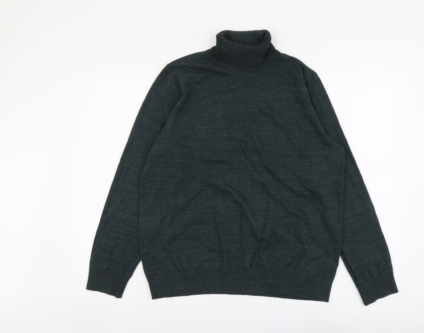 Marks and Spencer Mens Green Roll Neck Cotton Pullover Jumper Size L Long Sleeve