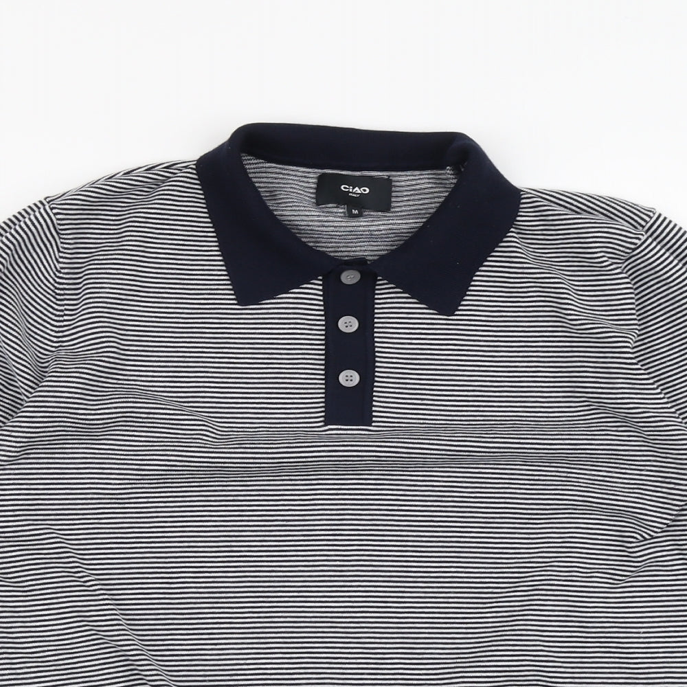 Ciao Italy Womens Blue Collared Striped Acrylic Pullover Jumper Size M