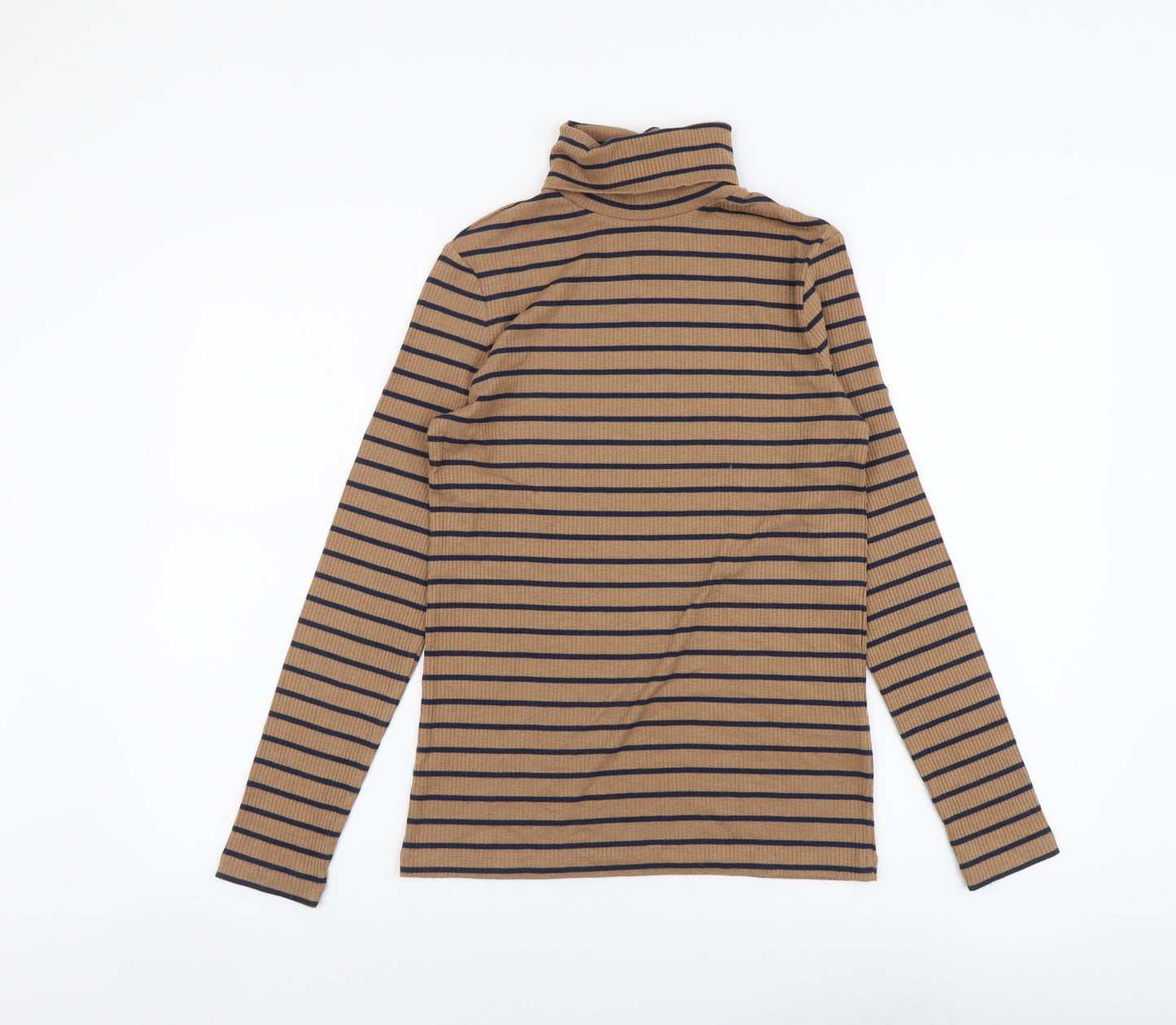 Marks and Spencer Womens Brown Striped Polyester Basic T-Shirt Size 12 Roll Neck