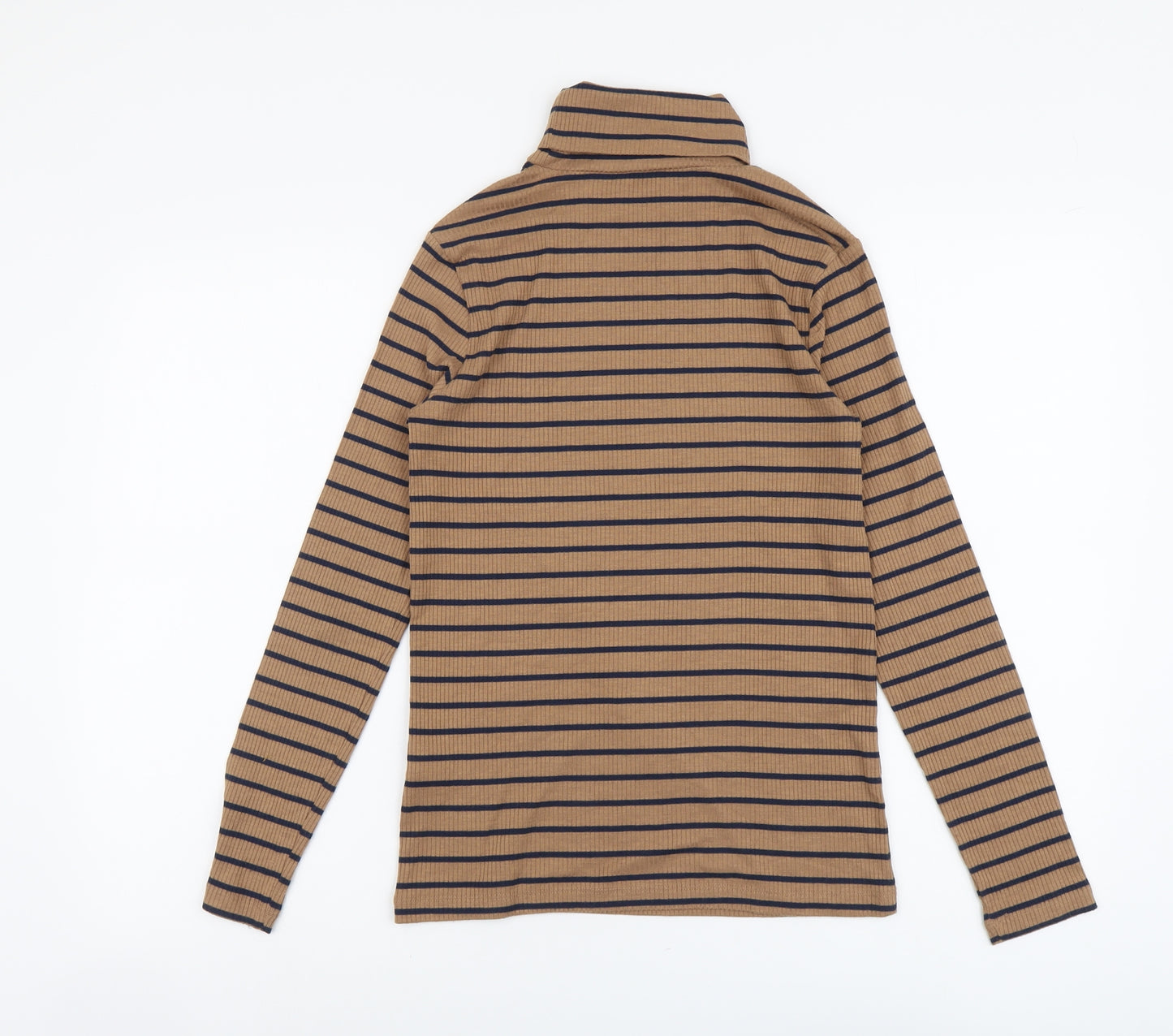 Marks and Spencer Womens Brown Striped Polyester Basic T-Shirt Size 12 Roll Neck
