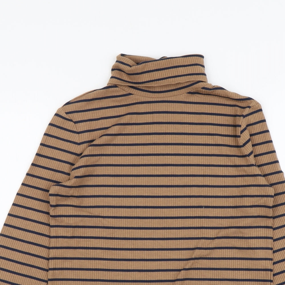 Marks and Spencer Womens Brown Striped Polyester Basic T-Shirt Size 12 Roll Neck