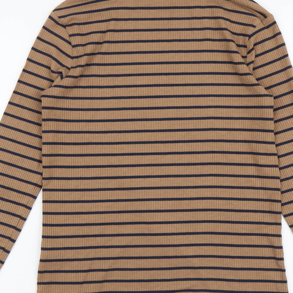 Marks and Spencer Womens Brown Striped Polyester Basic T-Shirt Size 12 Roll Neck