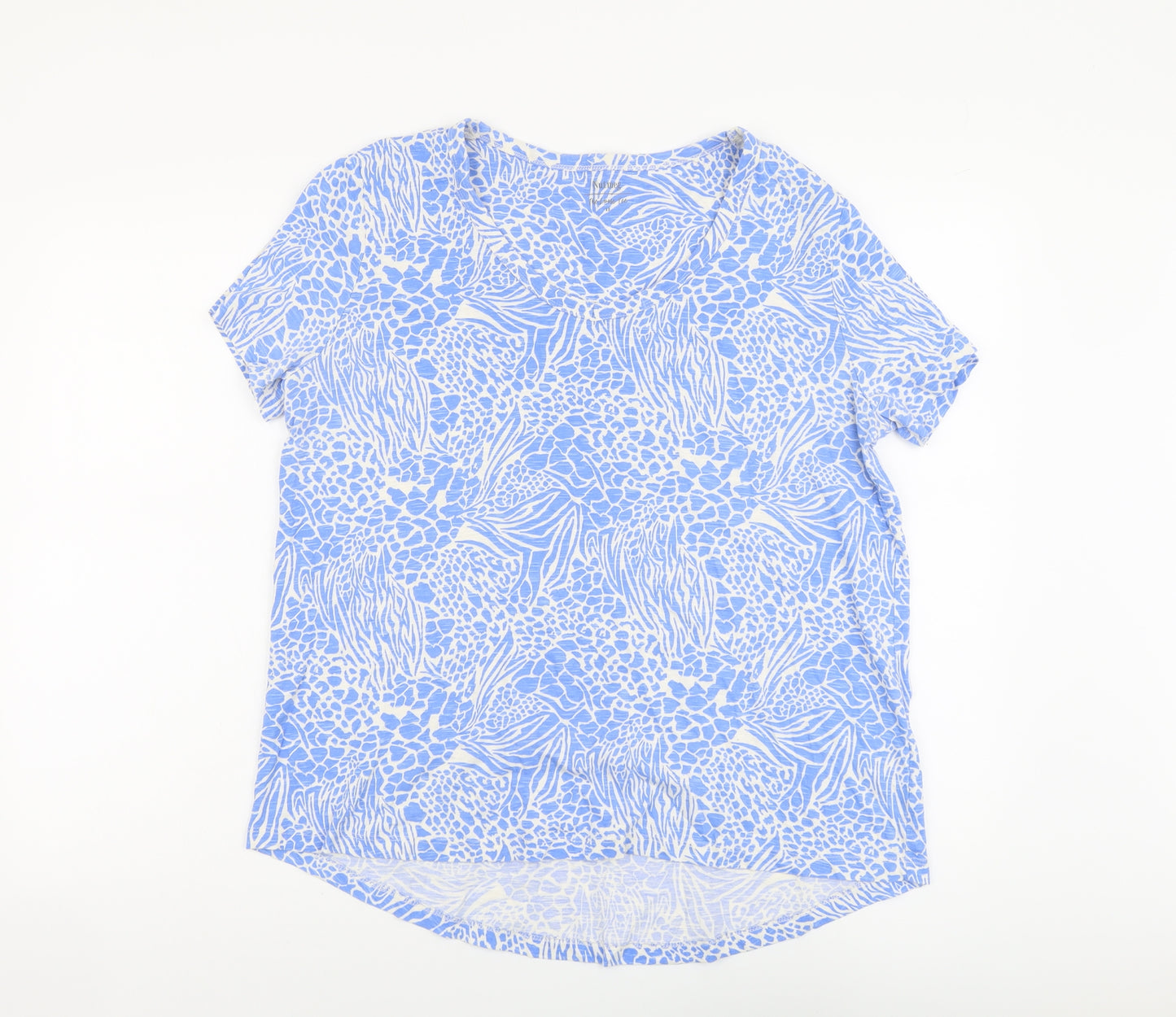 Nutmeg Womens Blue Geometric Cotton Basic T-Shirt Size 18 Scoop Neck