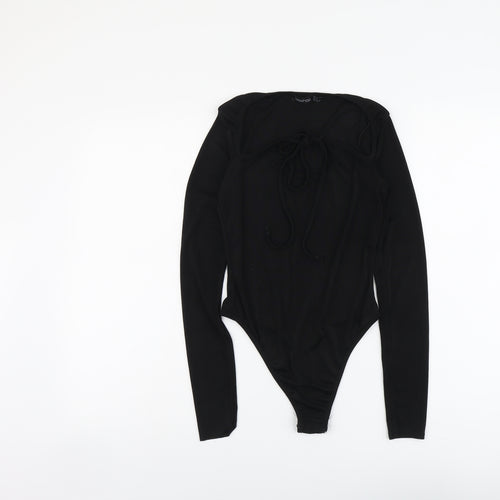 Boohoo Womens Black Polyester Bodysuit One-Piece Size 8 Snap - Tie Front Detail