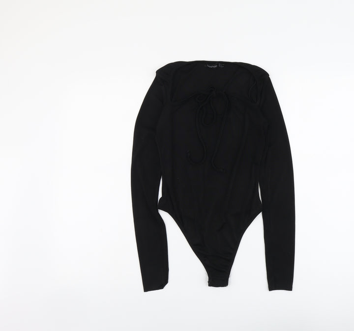 Boohoo Womens Black Polyester Bodysuit One-Piece Size 8 Snap - Tie Front Detail