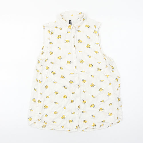 H&M Womens White Geometric Viscose Basic Button-Up Size 8 Collared - Lemon Pattern