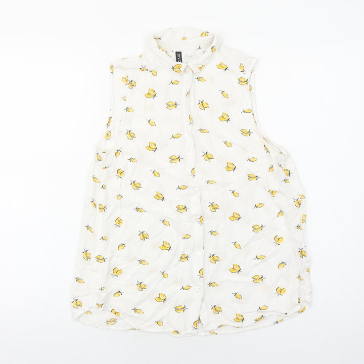 H&M Womens White Geometric Viscose Basic Button-Up Size 8 Collared - Lemon Pattern